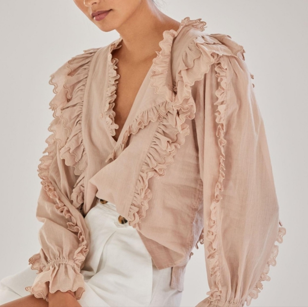 Ruffled V-Neck Blouse in Blush
